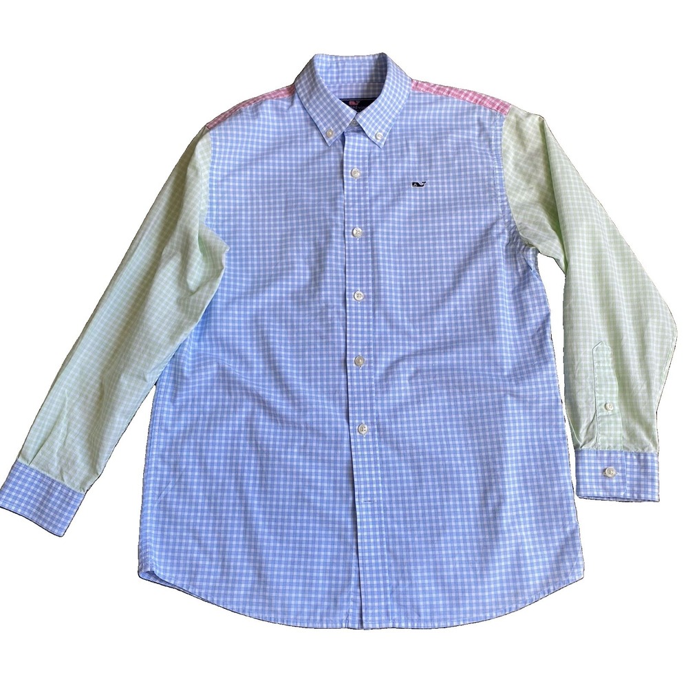 Vineyard Vines Whale Shirt Boys Size M/12-14 Colorblock Ghingham Check Preppy